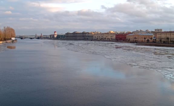 Sunset on the Neva River, Russia. Spring time ice drift