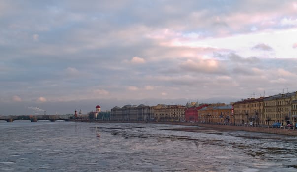 Sunset on the Neva River, Russia. Spring time ice drift