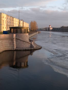 Sunset on the Neva River, Russia. Spring time ice drift