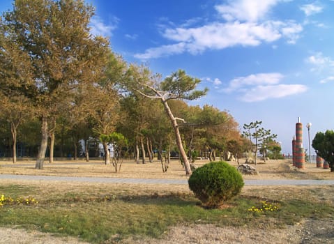 Peaceful beautiful place. Original public art in  ld quay in the coast of Black sea. Anapa Russia