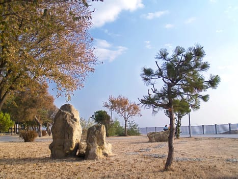 Peaceful beautiful place. Old quay in the coast of Black sea. Russia