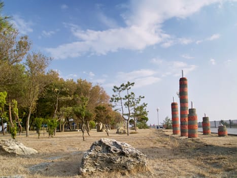 Peaceful beautiful place. Original public art in  ld quay in the coast of Black sea. Anapa Russia