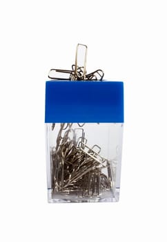 A container of paper clips, isolated