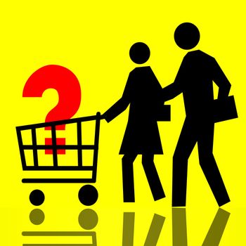 Customer Basket, People and Question Symbols over Yellow Background