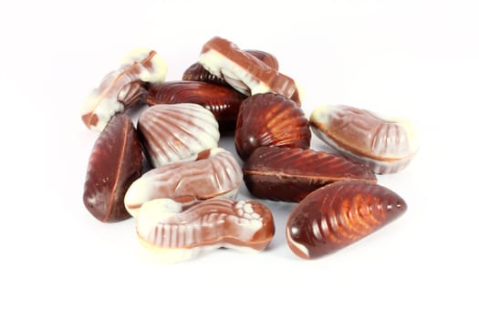 Sweet chocolate candies in the form of marine shellfish isolated on white