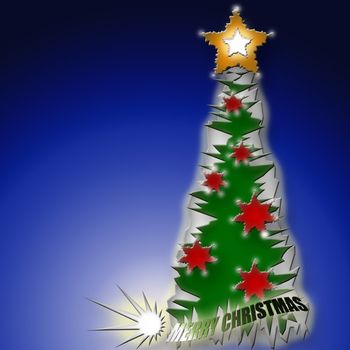 Christmas tree with Merry Christmas greeting inscription  over blue background