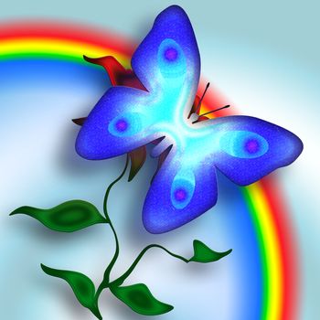 Blue butterfly on the flower and colorful ranbow in blue sky