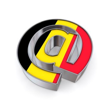 silver shiny chrome @-symbol on white background with Belgium flag texture