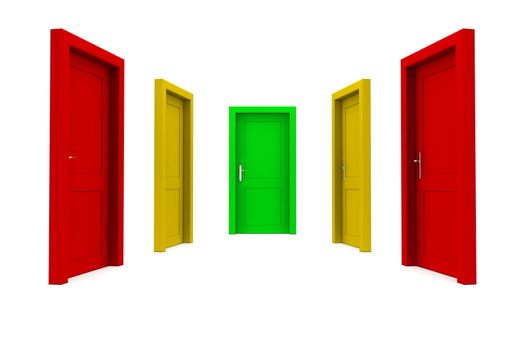 abstract hallway with closed doors - two red, two yellow, one green