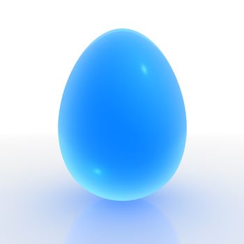 a single blue translucent shiny egg on a white reflective ground