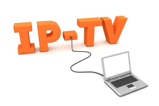 a laptop is connected to the orange word IP-TV - watching football, soccer or other content online