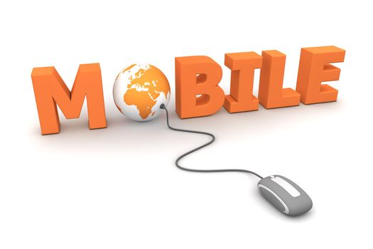 modern grey computer mouse connected to the orange word Mobile - the letter O is replaced by a globe