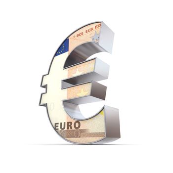 shiny euro symbol in a chrome and metal look - front surface is textured with a 50 euro note