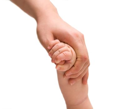Isolated mother hand holding baby hand