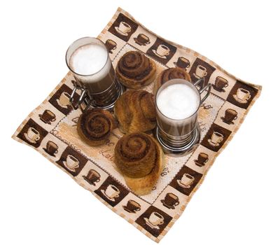 Home-made cinnamon snail bakery with latte isolated on white