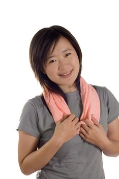 Sport woman of Asian with towel after exercise.