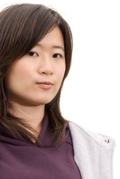 Asian woman portrait closeup image on white background.