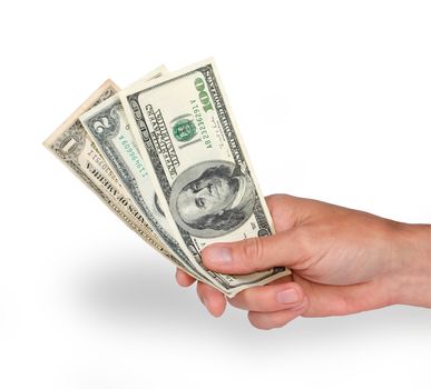 dollars in hand on white background