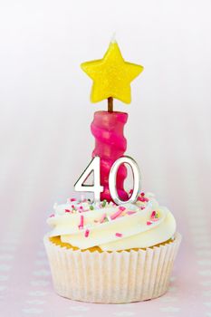 Mini fortieth birthday cake decorated with a single candle