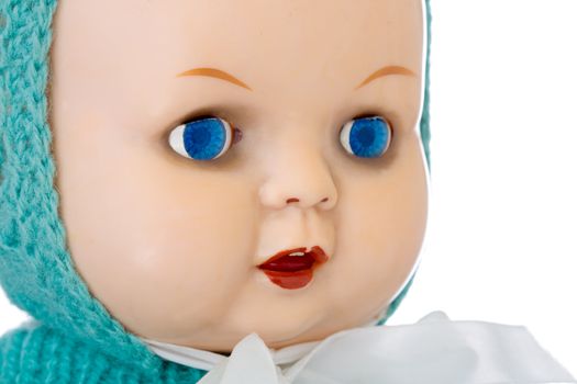 Old-fashioned doll's head isolated against white