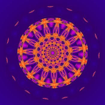 A circular mandala shaped fractal done in shades of orange and purple.