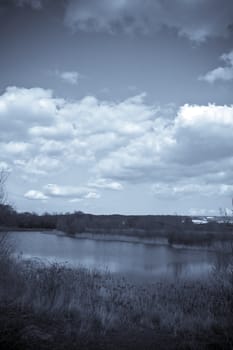 A view of a lake in spring toned with blue