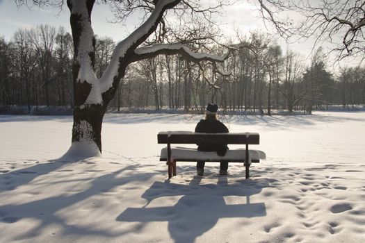 Man on the bench in  sunny winter day.