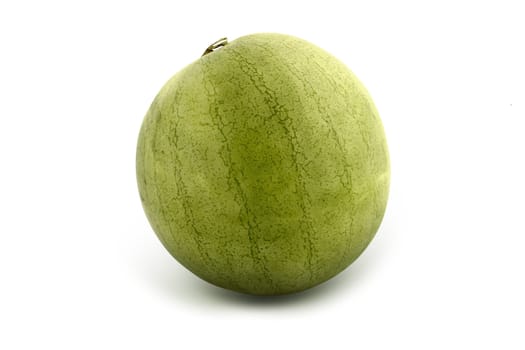 Green, fresh, striped whole melon on white