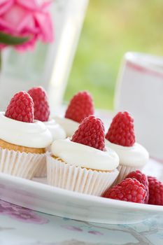 Mini cupcakes decorated with raspberries and fresh cream