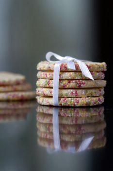 Tower of home baked cookies tied with a ribbon