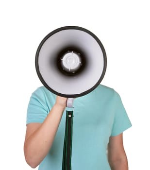 a teenage girl talking into a megaphone