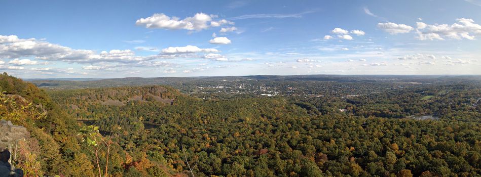 A gorgeous panoramic view of the fall foliage in Meriden Connecticut and Hubbard Park from Craigs Castle.