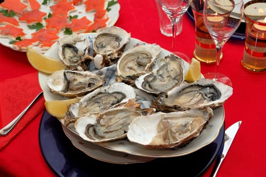 fresh oyster and lemon appetizer on a plate 