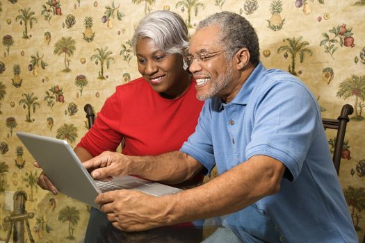 Portrait of mature African American couple looking and smiling at laptop in home.