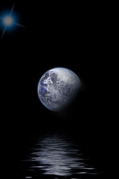 Planet reflected in water, with black background