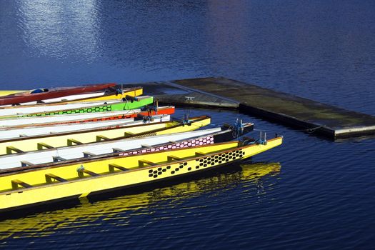 Colorful rowing boats tied together in dock