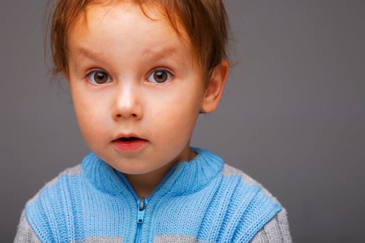 Closeup portrait of a little surprised boy in a blue sweater, open attentive look