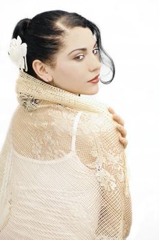 Portrait of young hispanic woman in flamenco dancing style