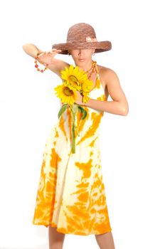 Portrait of young female holding sunflowers in summer fashion - isolated