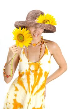 Portrait of hispanic woman holding sunflower with happy expression - isolated