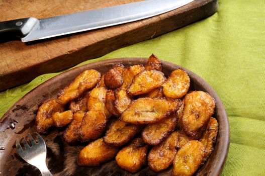 detail of typical cuban dish with fried bananas