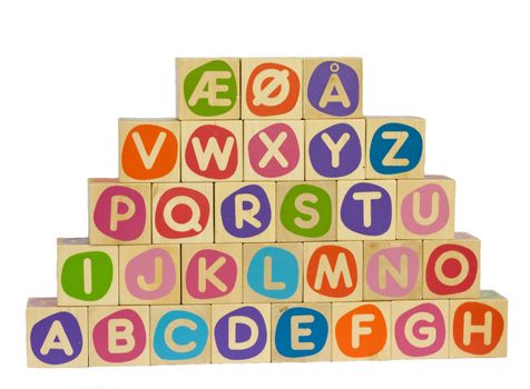 Alphabet blocks with the three special scandinavian symbols for the vowels ae, oe and aa. 