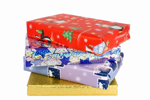 Pile of colorful gift boxes, isolated on white