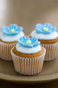 Mini cupcakes decorated with blue sugar flowers