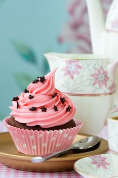 Pink chocolate cupcake, ready to eat