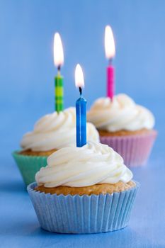 Cupcakes decorated with colorful candles