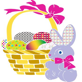 Easter bunny stands beside a full Easter egg basket