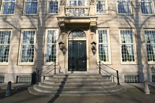 Facade and front door of classic office building