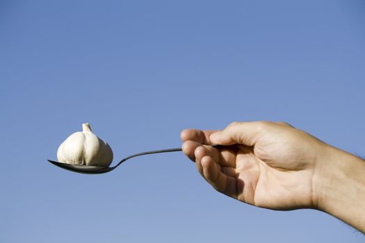 hand holding a garlic in spoon