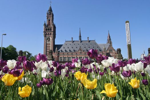Flowers and Peace Palace aka UN International Court of Justice in The Hague, Holland